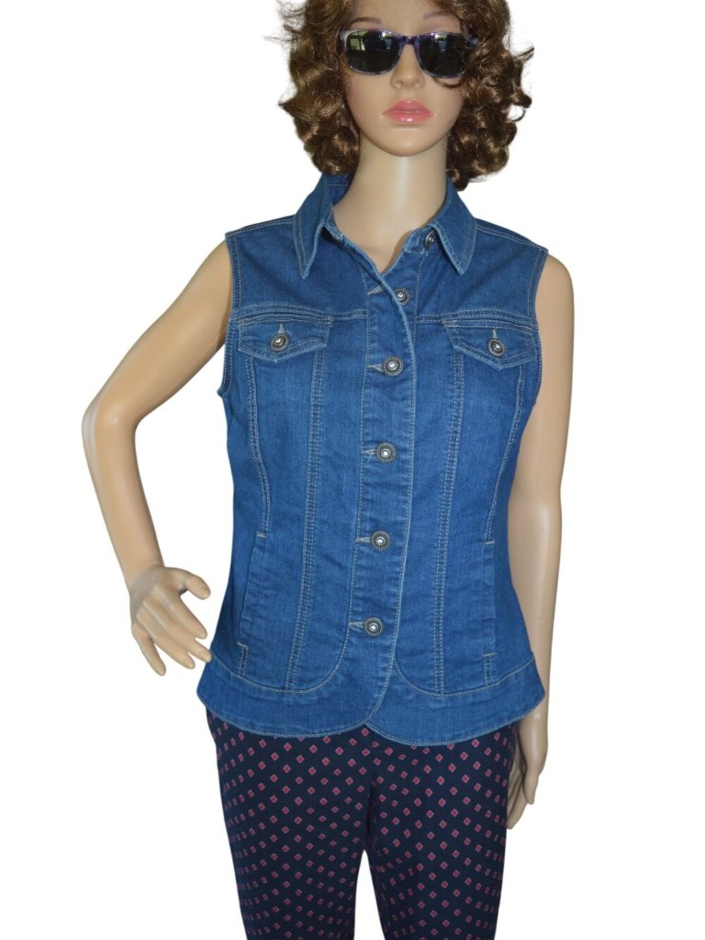 Baccini Blue Cotton Denim Vest Women's Western Wear Size Small Jeweled Buttons